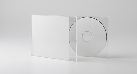 Minimalist CD Case: Transparent Jewel Box with Disc on White Background, Studio Shot