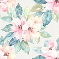 Delicate watercolor painting of pink  blossoms with soft green and blue leaves on a light background