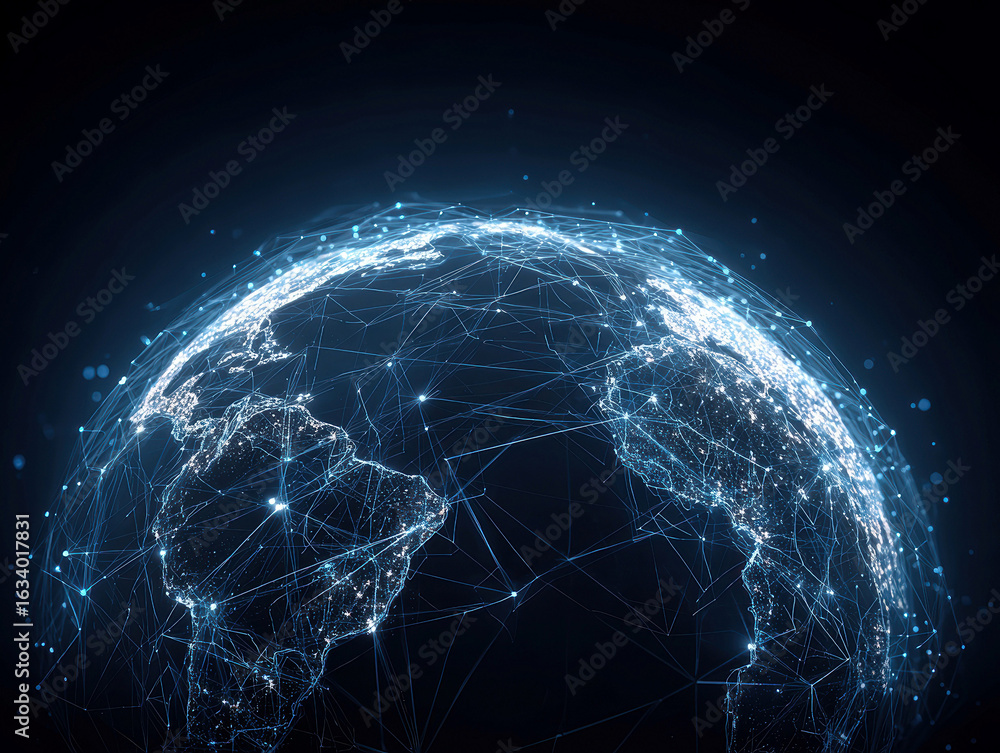 Poster digital abstract representation of a globally connected earth, featuring glowing light lines on a da