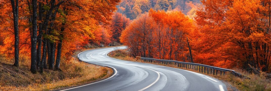 autumn road landscape in beautiful nature travel. autumn colors in mountain road scenery. autumn landscape on the highway in colorful forest. nature trip in fall. highway landscape on fall season.