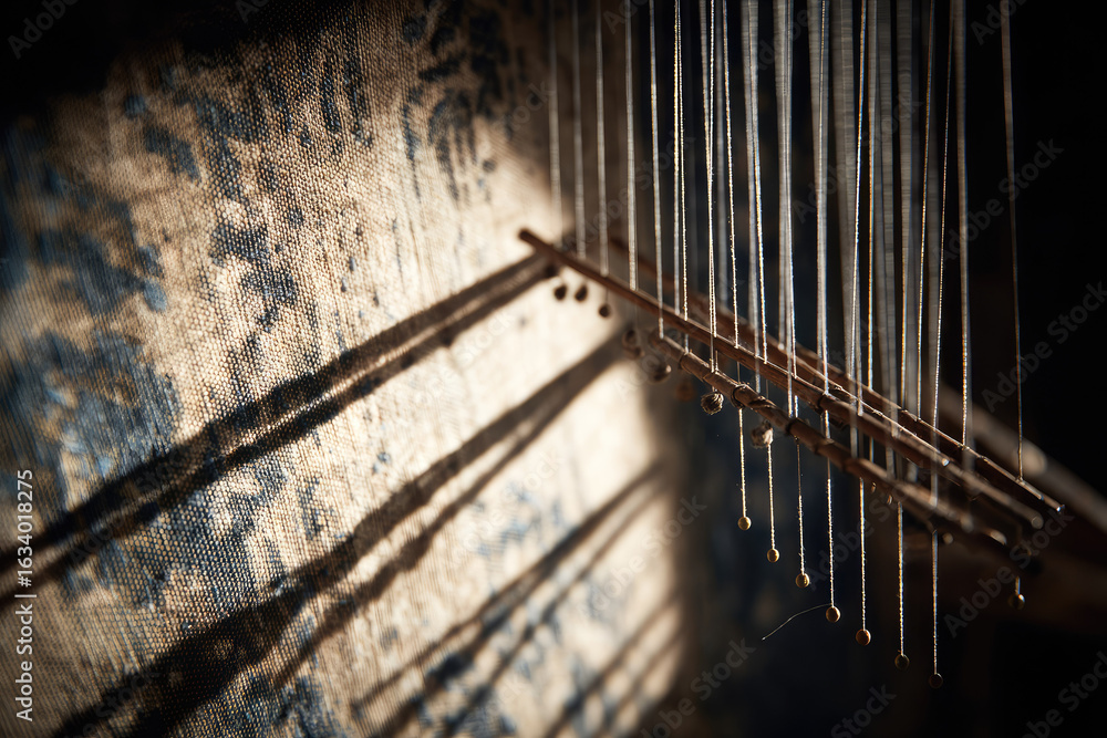 Poster floating sticks and threads casting shadows on textured fabric, creating native inspired artistic pa