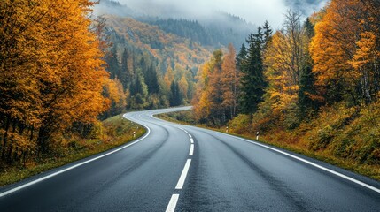 autumn road landscape in beautiful nature travel. autumn colors in mountain road scenery. autumn landscape on the highway in colorful forest. nature trip in fall. highway landscape on fall season.