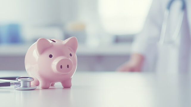 Piggy bank and stethoscope sitting on a desk in a medical office setting, representing healthcare finance and medical cost management