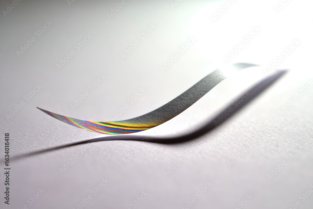 Poster curved thin silver line floating on white background, abstract minimal style with soft shadow and su