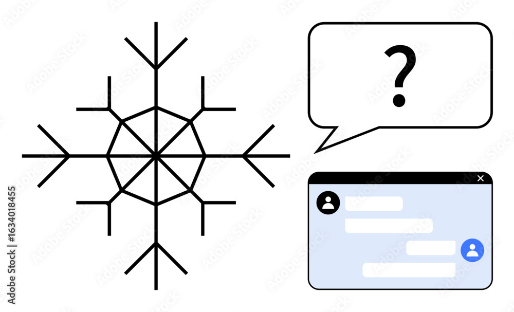 Poster snowflake design beside a blank chat interface with a question mark in a speech bubble. ideal for te