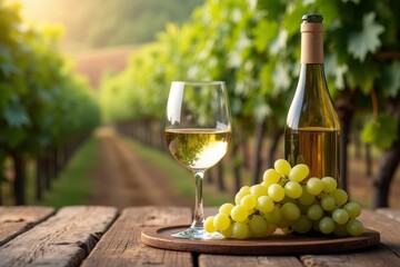 Bottle and glass of white wine with green grapes on a wooden surface. Blurred vineyard in the background under warm sunlight. Lifestyle, vineyard.