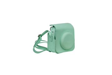 Turquoise Polaroid camera with leather case isolated on transparent background. PNG image