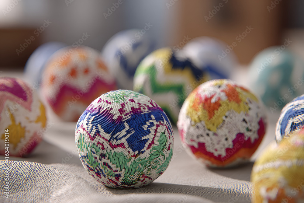 Aufkleber colorful thread balls with intricate tribal patterns rest on soft fabric surface, creating vibrant a