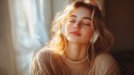 Girl with Headphones on Windowsill Immersed in Music - Sunlight Natural Design Element