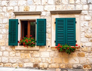 Stone wall with green shutters and flowers