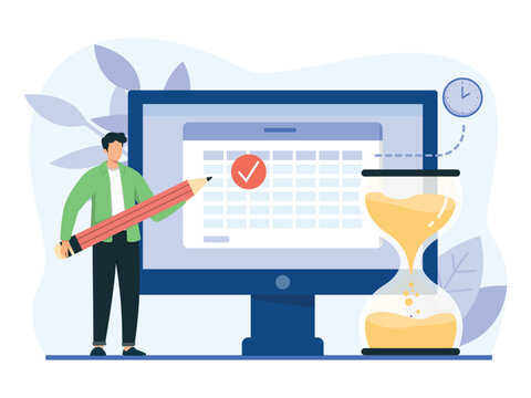 Schedule planning illustration concept. A man planning work tasks, filling check list, making schedule using calendar. Business and organization concept. Vector illustration.