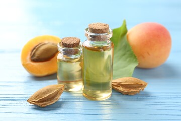 Bottles of essential oil, fresh apricots and kernels on light blue wooden table, closeup