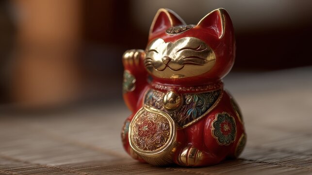 Symbolic greeting cat with raised paw and bell