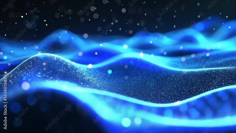 Poster blue digital particles wave flow with luminous texture and ethereal glow