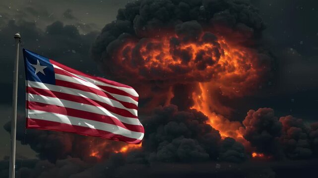 The national flag of Liberia waves against a mushroom cloud from a nuclear explosion. A powerful concept for videos about war, international crisis, and conflict.