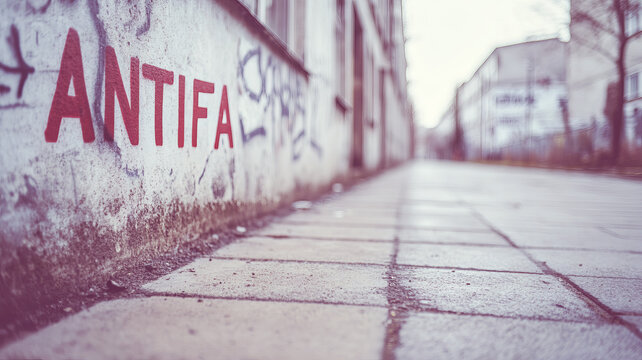 Weathered concrete wall bearing bold red antifa graffiti, captured through distorted fisheye lens highlighting urban protest message
