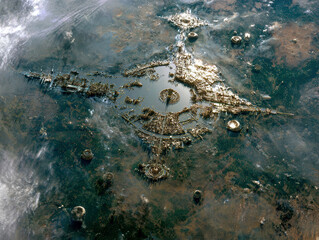 Close-up satellite view of a microscopic alien city, resembling biological structure with pupil-like central object and surrounding cellsmicroorganisms Brown color palette, bright lig - AI-Generated