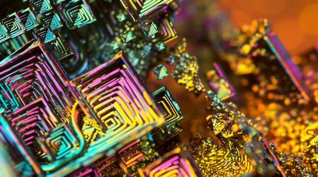Extreme macro time-lapse of a bismuth crystal forming, showing its iridescent, geometric structure and rainbow colors.

