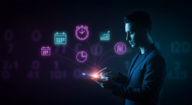 Businessman Using Digital Tablet with Smart Interface - Powered by Adobe