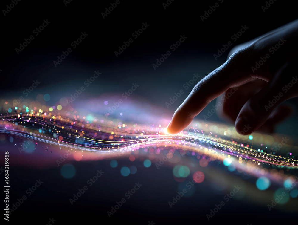 Poster close-up of a hand interacting with abstract digital elements in a futuristic cyberspace setting, ch