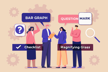 Team discussing data analysis and problem solving with visual aids