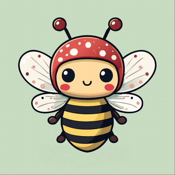 Cute cartoon bee with polka dot hat and wings &ndash; kawaii insect character illustration