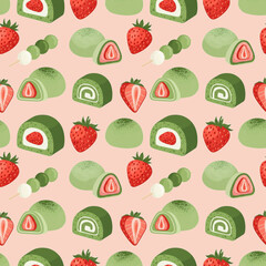 seamless pattern with strawberries matcha dessert