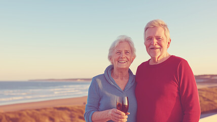 Retired couple sharing wine, relaxing near coastal sunset, displaying intimate connection and peaceful retirement lifestyle