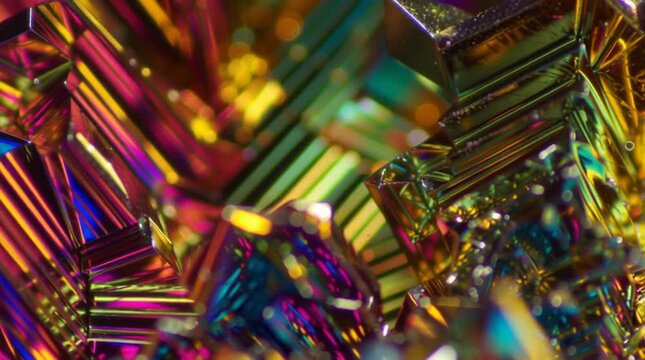 Extreme macro time-lapse of a bismuth crystal forming, showing its iridescent, geometric structure and rainbow colors.

