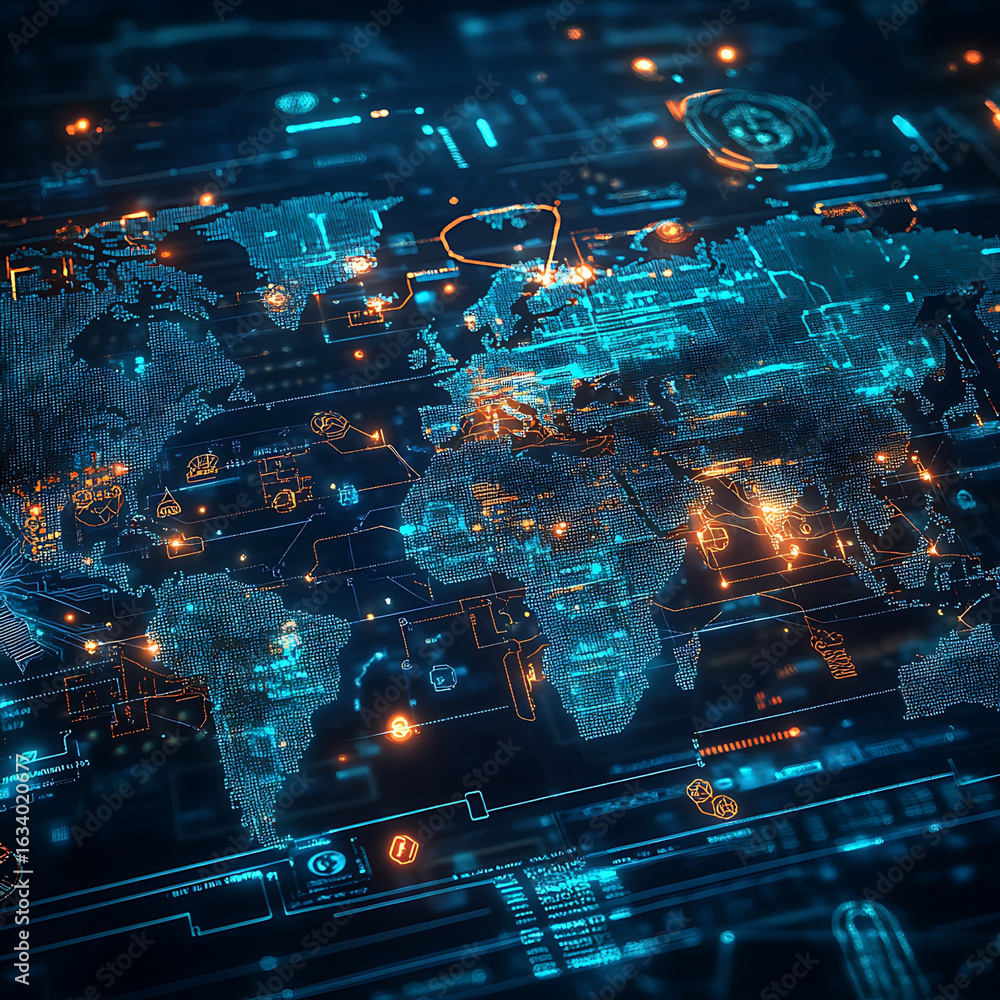 Poster futuristic digital world map illustration featuring glowing lines and data points, representing adva