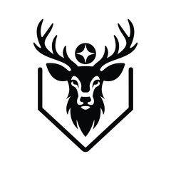 Majestic deer buck head with large antlers in a heraldic shield. Minimalist black vector icon design.