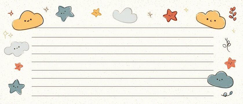 Minimalist wide-format sticker of lined writing paper decorated with pastel stars, soft clouds, and playful cartoon shapes, perfect for digital planners, school notes, and educational templates