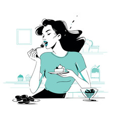 Sweet Indulgence: Woman Enjoying Dessert Vector Illustration