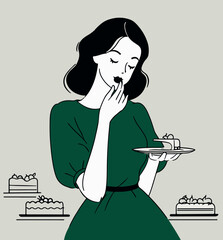 Sweet Indulgence: Woman Enjoying Dessert Vector Illustration