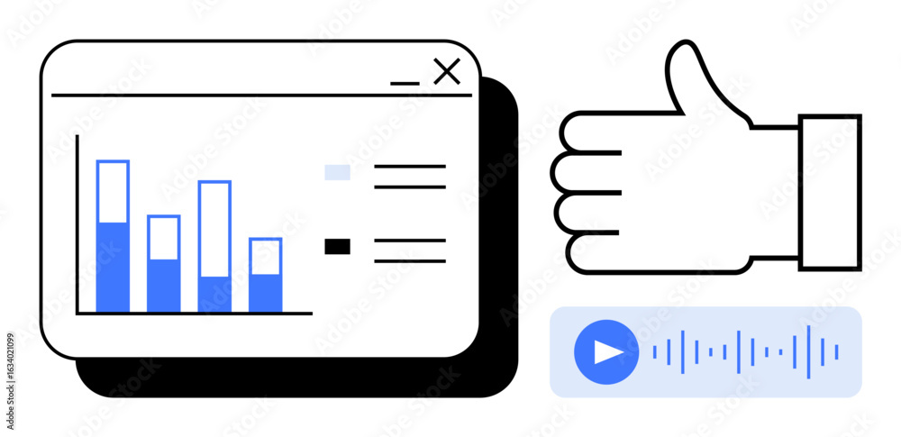Poster bar chart with data insights, a thumbs-up gesture representing feedback, and an audio play button. i