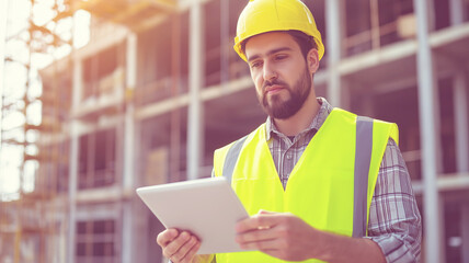 Male engineer checking construction site, wearing safety gear, using digital tablet for documenting project progress and technical details