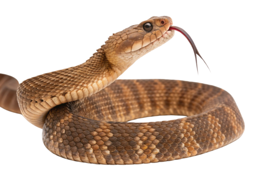 PNG image of Coiled Brown Patterned Snake Flicking its Tongue