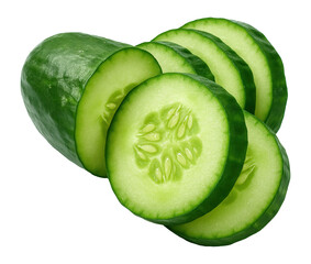 Fresh cucumber sliced into multiple pieces, showcasing vibrant green skin and seeds on transparent background.