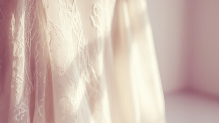 Delicate lace wedding gown softly glowing, revealing ethereal bridal beauty and timeless romantic sentiment