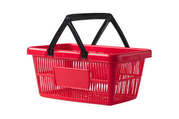 Fototapeta premium Red plastic shopping basket isolated on black background