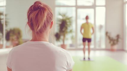 Personal trainer guiding client's posture during strength training, ensuring proper form in modern fitness facility