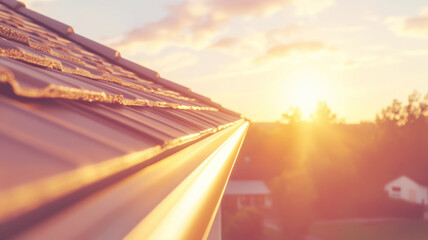 Metallic gutter gleaming with golden sunset rays, highlighting contemporary roofline under soft evening light