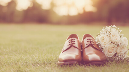 Leather wedding shoes and white rose bouquet resting on green grass, illuminated by golden sunset glow, representing marriage moment