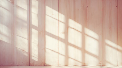 Soft sunlight filtering through window, casting delicate shadows across rustic wooden wall surface