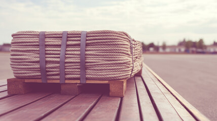 Large coil of rope is tightly secured with straps on a wooden pallet, placed on a trailer and ready for transportation