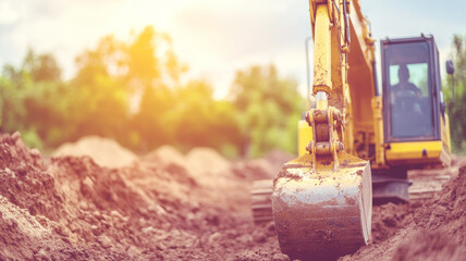 Tracked mini excavator digging a trench in the ground under soft lighting with a clean background