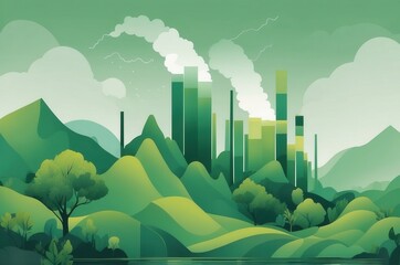 Lush green landscape with distant industrial skyline, evoking a juxtaposition of nature and industry