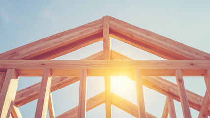 Wooden roof beams creating a symmetrical frame against a clear blue sky, with the sun shining through the structure, symbolizing new beginnings and the progress of construction
