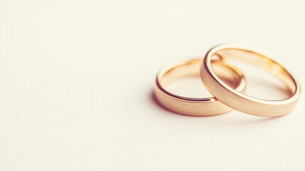 Golden wedding rings interlocking on pristine surface, representing eternal bond and marital commitment