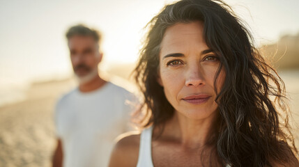 Latin couple on the beach at sunset. Summer is coming.